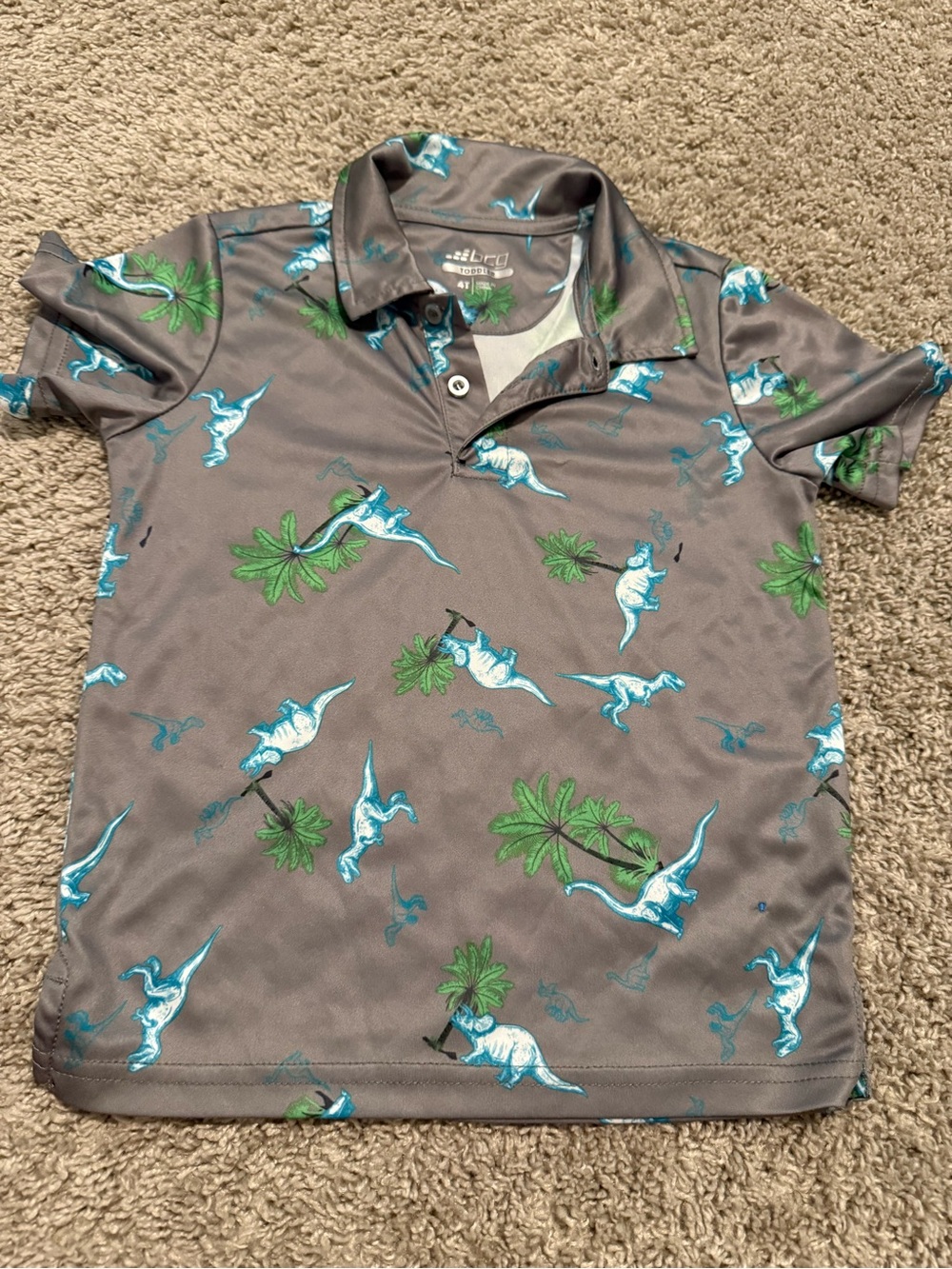 bcg Gray Polo Shirt with Blue Dinosaur and Green Palm Print Size 4T